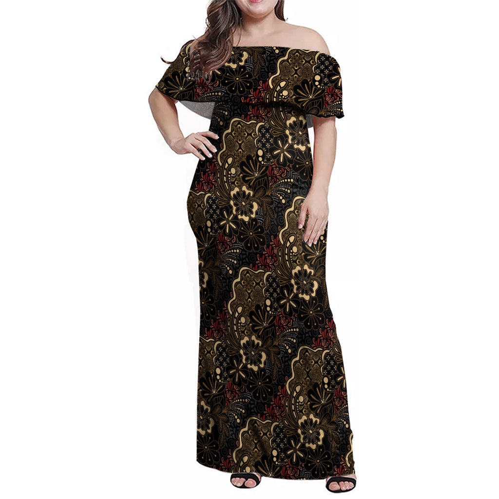 Batik Sekar Jagad Family Matching Off Shoulder Maxi Dress and Hawaiian Shirt Indonesian Traditional Pattern LT01 Mom's Dress Black - Polynesian Pride