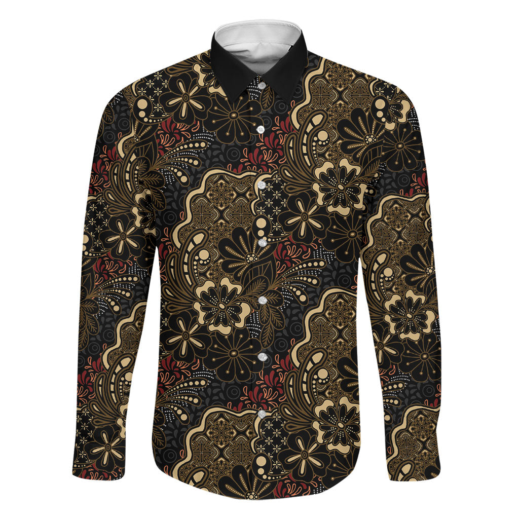 Batik Sekar Jagad Family Matching Off Shoulder Short Dress and Hawaiian Shirt Indonesian Traditional Pattern LT01 Dad's Shirt - Long Sleeve Black - Polynesian Pride