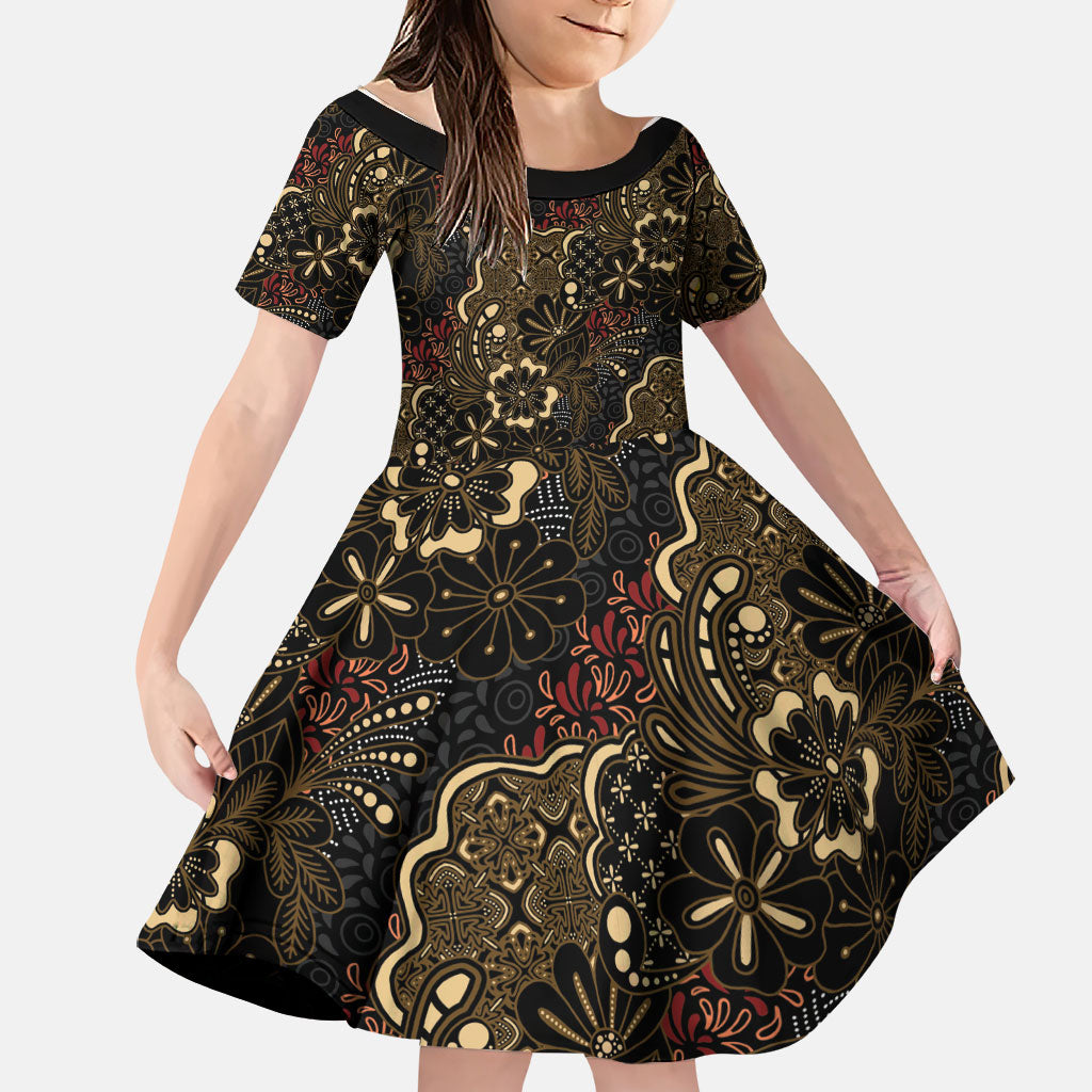 Batik Sekar Jagad Family Matching Summer Maxi Dress and Hawaiian Shirt Indonesian Traditional Pattern LT01 Daughter's Dress Black - Polynesian Pride