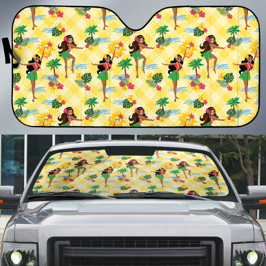 Hawaii Hula Girl Tropical Auto Sun Shade Yellow Palaka