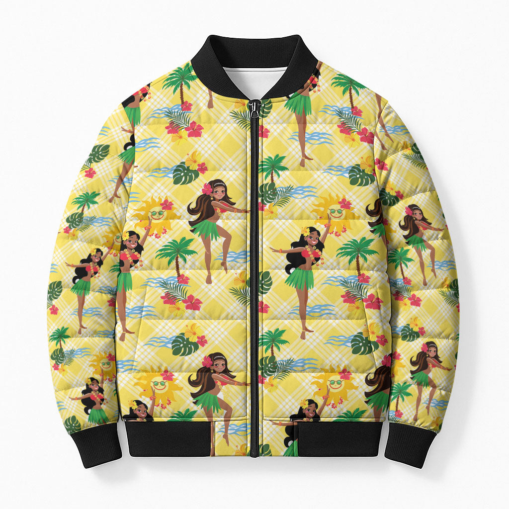 Hawaii Hula Girl Tropical Bomber Puffer Jacket Yellow Palaka