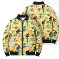 Hawaii Hula Girl Tropical Bomber Puffer Jacket Yellow Palaka