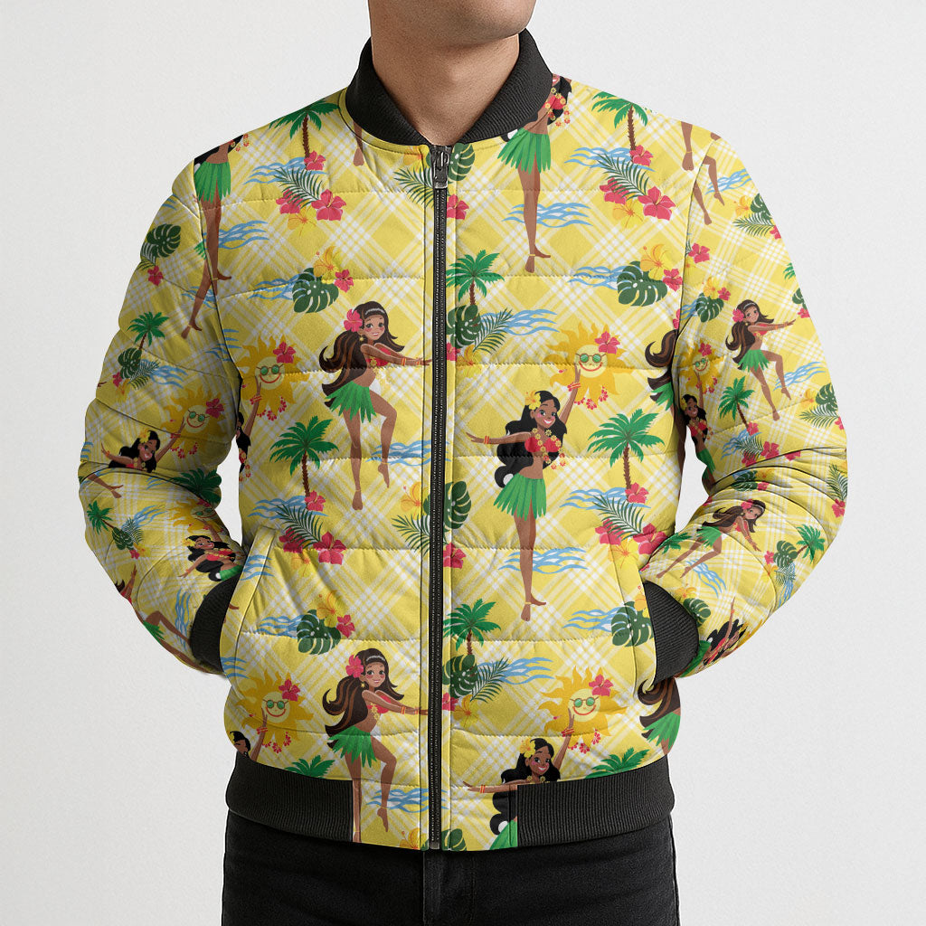 Hawaii Hula Girl Tropical Bomber Puffer Jacket Yellow Palaka