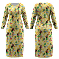 Hawaii Hula Girl Tropical Couples Matching Long Sleeve Bodycon Dress and Long Sleeve Button Shirt Yellow Palaka