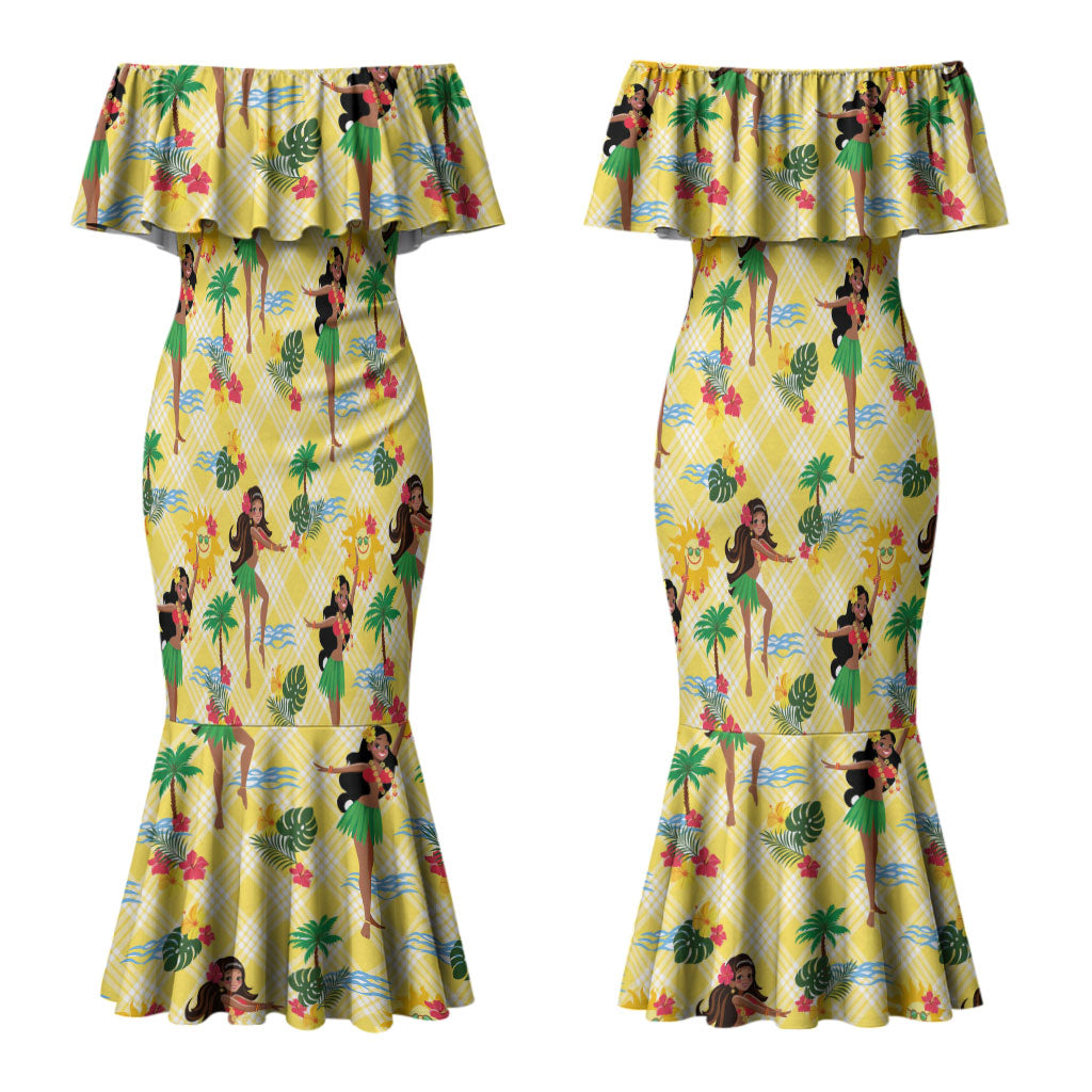 Hawaii Hula Girl Tropical Couples Matching Mermaid Dress and Long Sleeve Button Shirt Yellow Palaka