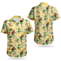 Hawaii Hula Girl Tropical Couples Matching Off Shoulder Maxi Dress and Hawaiian Shirt Yellow Palaka