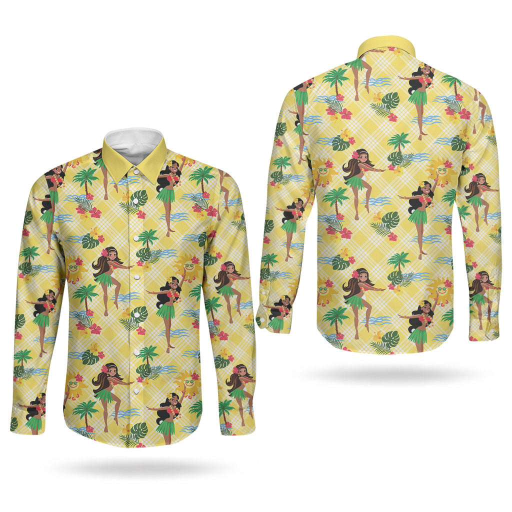 Hawaii Hula Girl Tropical Couples Matching Off Shoulder Maxi Dress and Long Sleeve Button Shirt Yellow Palaka