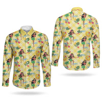 Hawaii Hula Girl Tropical Couples Matching Off Shoulder Short Dress and Long Sleeve Button Shirt Yellow Palaka