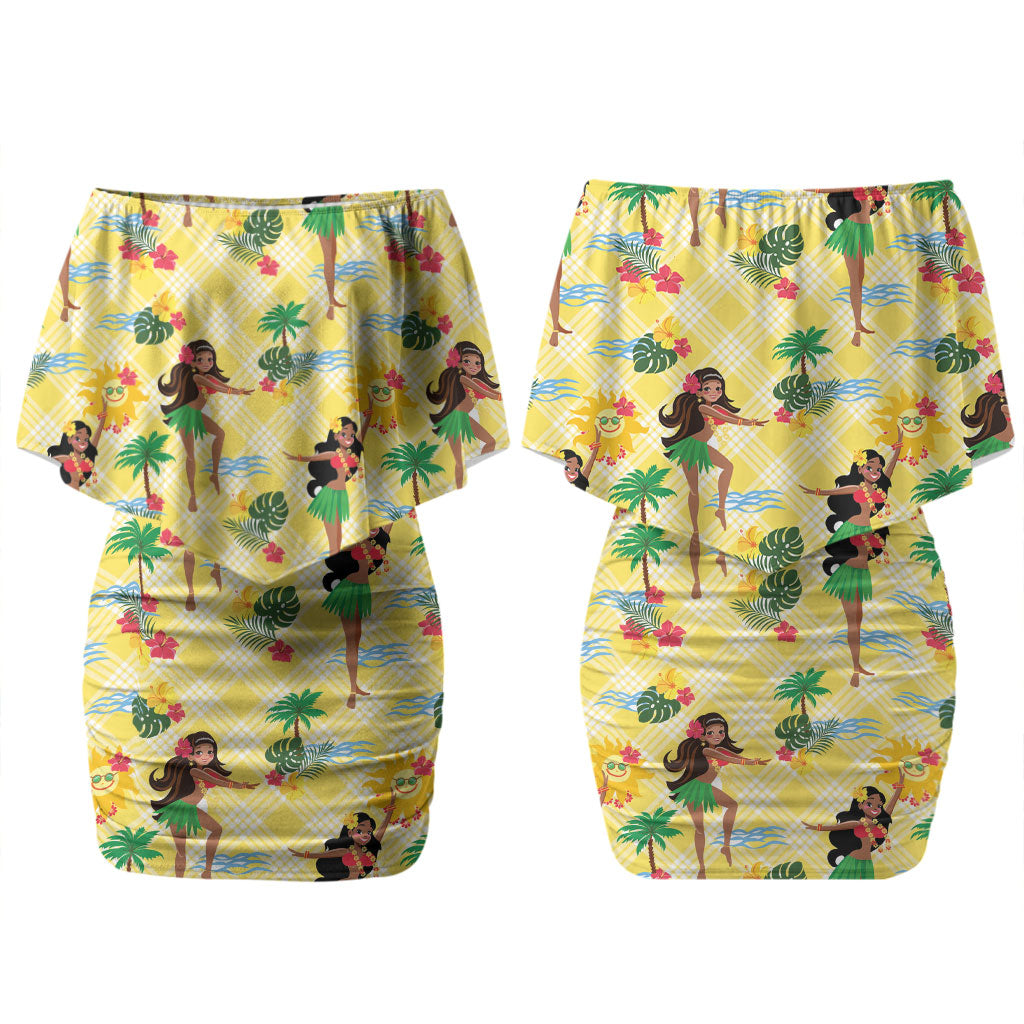 Hawaii Hula Girl Tropical Couples Matching Off Shoulder Short Dress and Long Sleeve Button Shirt Yellow Palaka