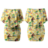 Hawaii Hula Girl Tropical Couples Matching Off Shoulder Short Dress and Long Sleeve Button Shirt Yellow Palaka