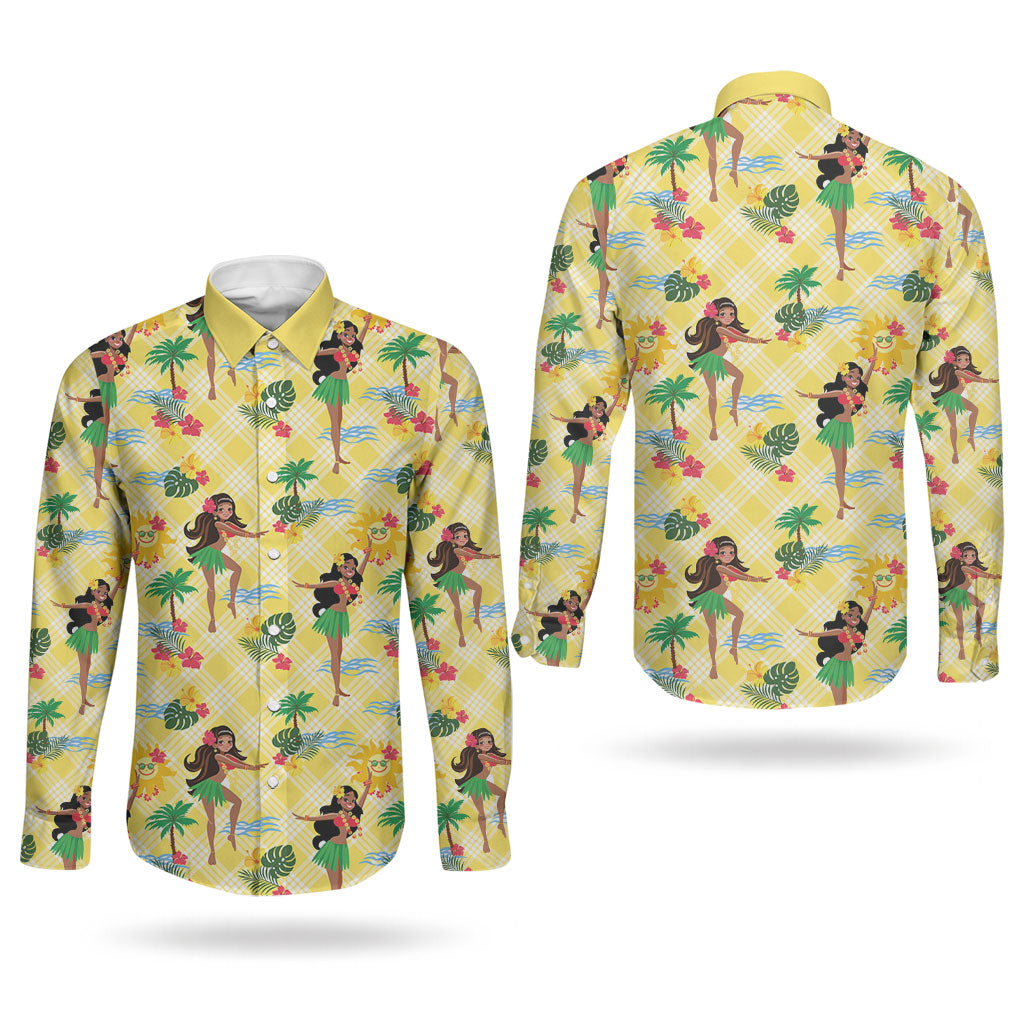 Hawaii Hula Girl Tropical Couples Matching Off The Shoulder Long Sleeve Dress and Long Sleeve Button Shirt Yellow Palaka