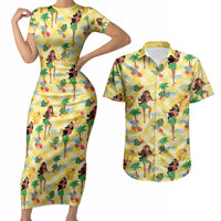 Hawaii Hula Girl Tropical Couples Matching Short Sleeve Bodycon Dress and Hawaiian Shirt Yellow Palaka