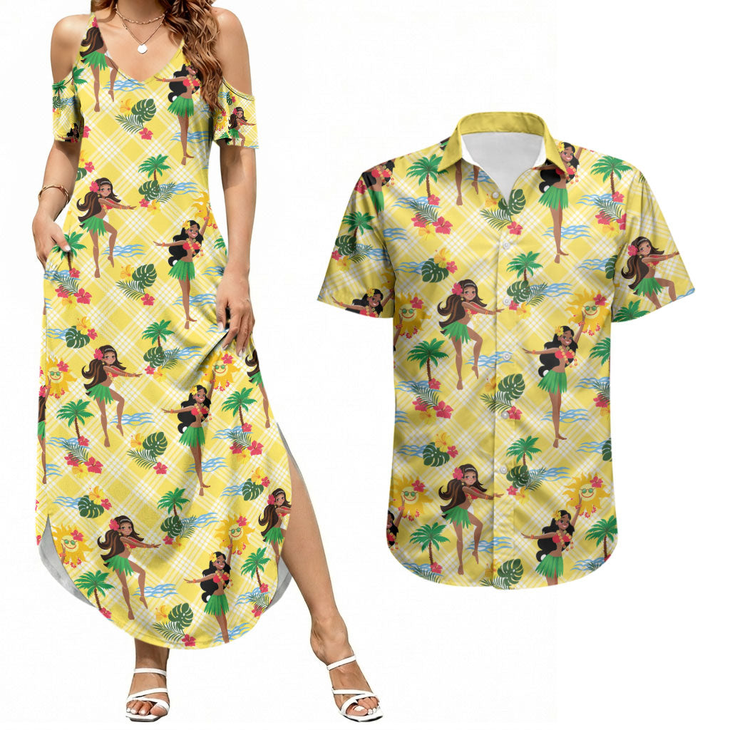 Hawaii Hula Girl Tropical Couples Matching Summer Maxi Dress and Hawaiian Shirt Yellow Palaka