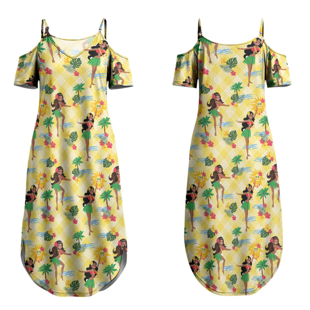 Hawaii Hula Girl Tropical Couples Matching Summer Maxi Dress and Hawaiian Shirt Yellow Palaka