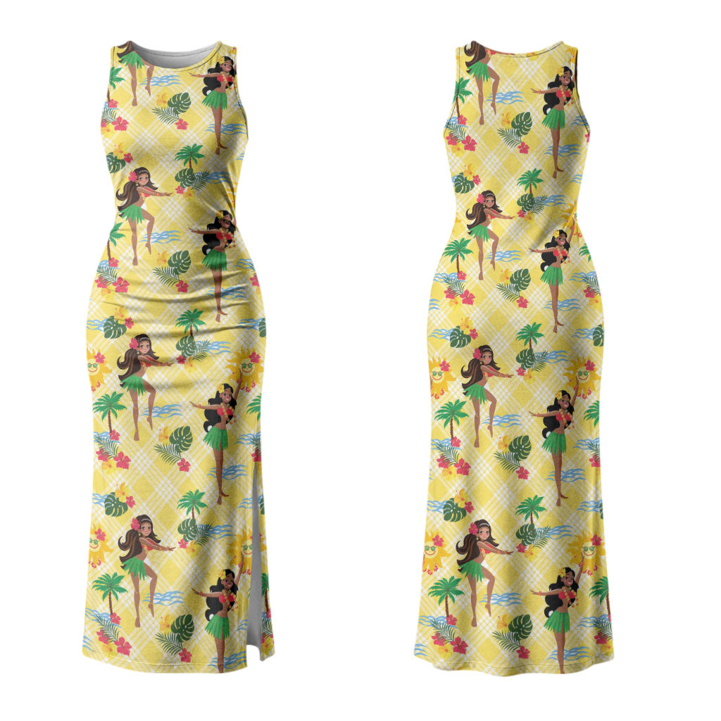 Hawaii Hula Girl Tropical Couples Matching Tank Maxi Dress and Long Sleeve Button Shirt Yellow Palaka