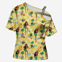 Hawaii Hula Girl Tropical Cross Shoulder Shirt Yellow Palaka