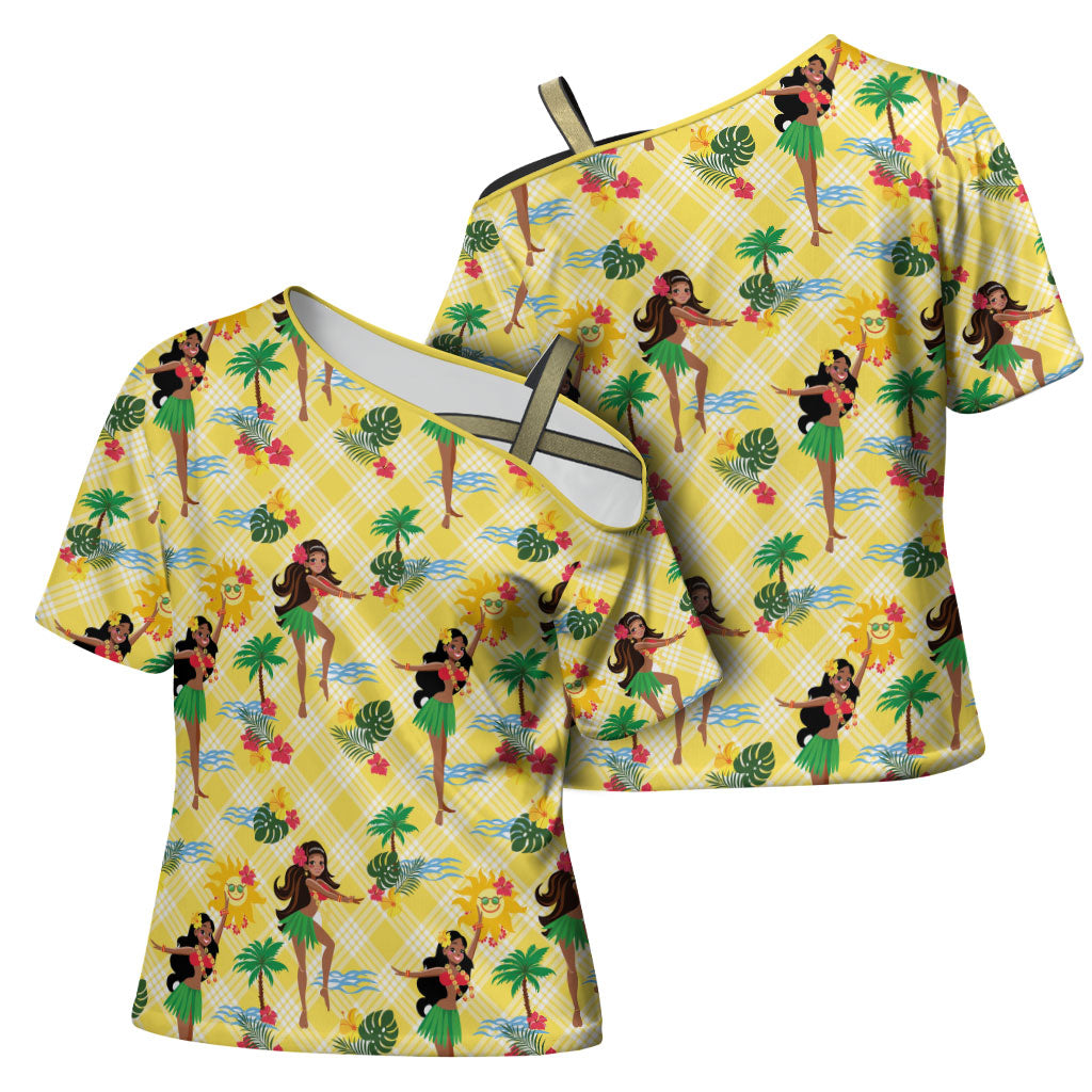 Hawaii Hula Girl Tropical Cross Shoulder Shirt Yellow Palaka
