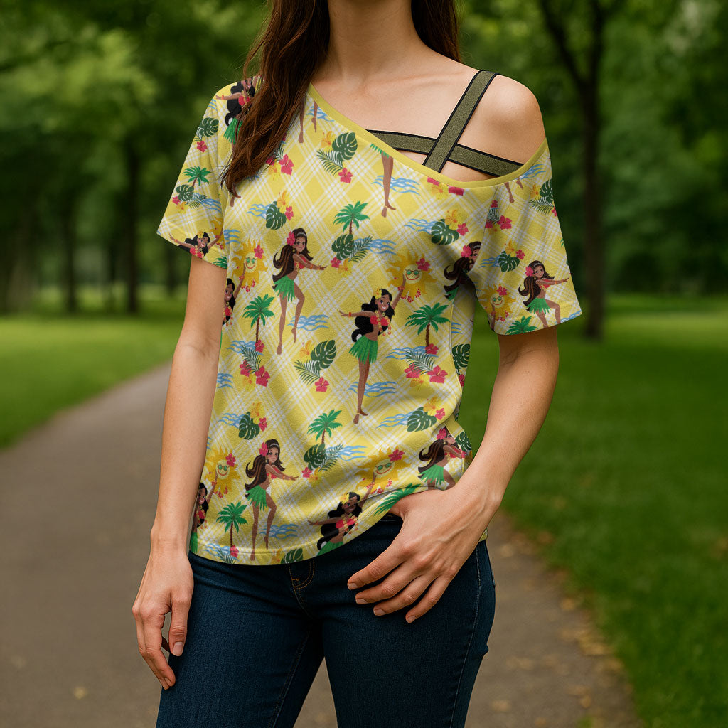 Hawaii Hula Girl Tropical Cross Shoulder Shirt Yellow Palaka