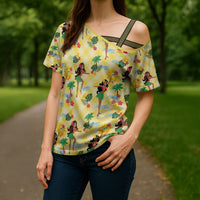 Hawaii Hula Girl Tropical Cross Shoulder Shirt Yellow Palaka