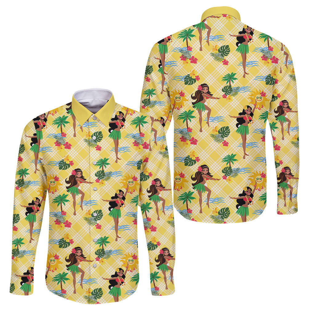 Hawaii Hula Girl Tropical Family Matching Long Sleeve Bodycon Dress and Hawaiian Shirt Yellow Palaka
