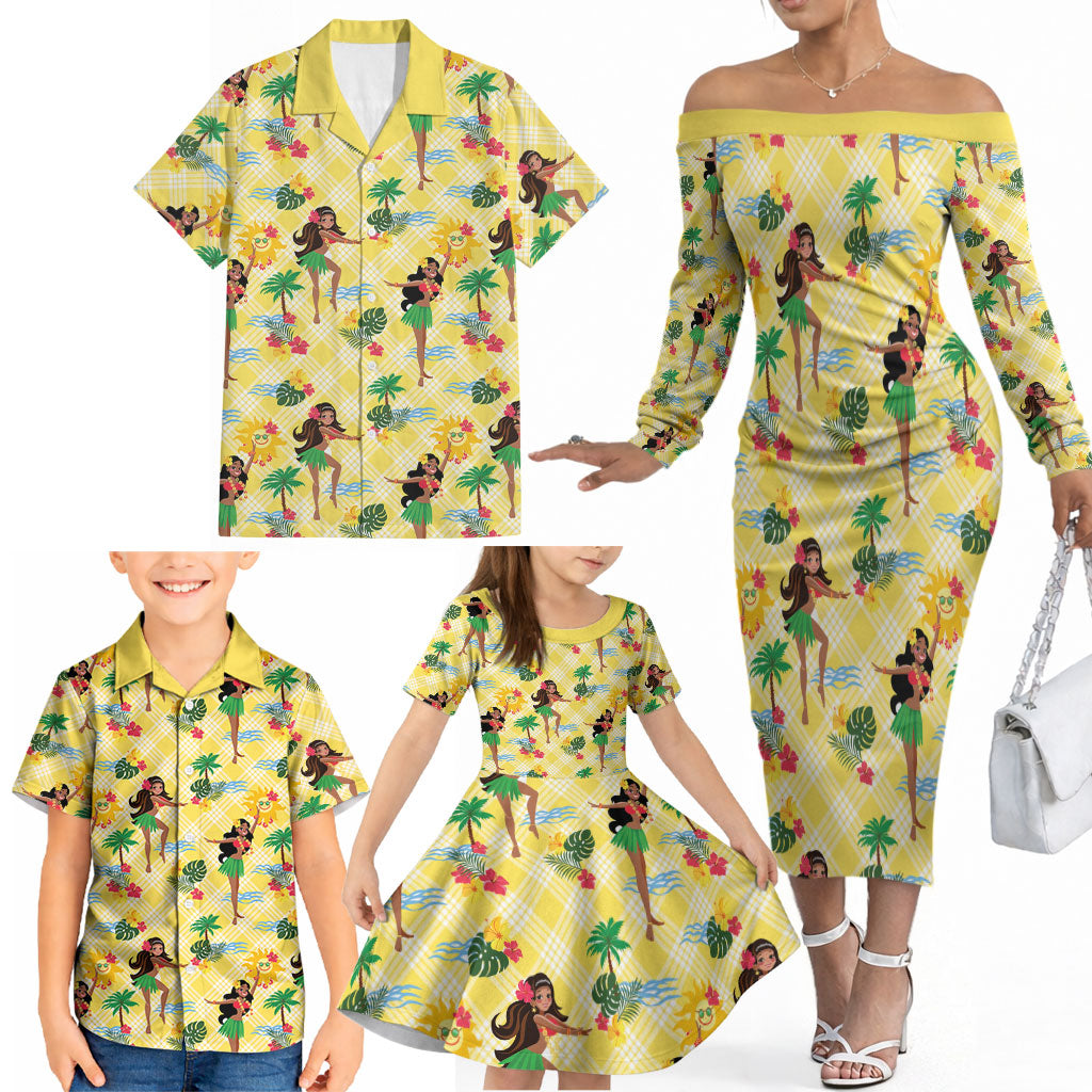 Hawaii Hula Girl Tropical Family Matching Off The Shoulder Long Sleeve Dress and Hawaiian Shirt Yellow Palaka