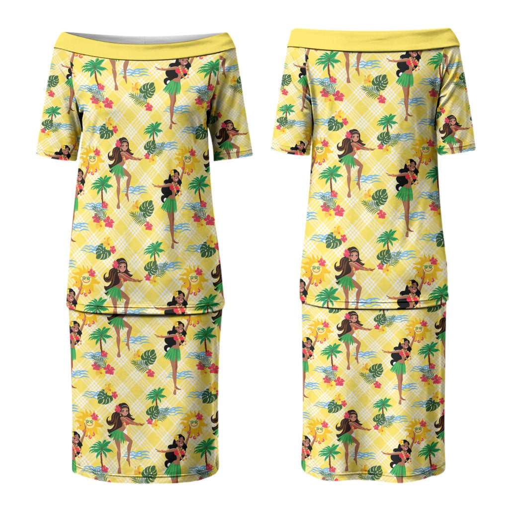 Hawaii Hula Girl Tropical Family Matching Puletasi and Hawaiian Shirt Yellow Palaka