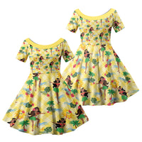 Hawaii Hula Girl Tropical Family Matching Puletasi and Hawaiian Shirt Yellow Palaka