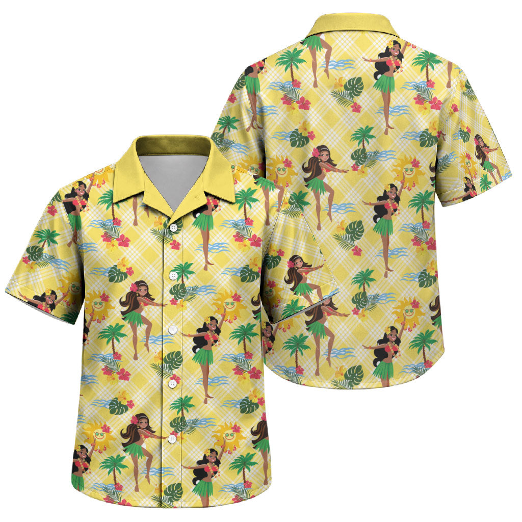 Hawaii Hula Girl Tropical Family Matching Puletasi and Hawaiian Shirt Yellow Palaka