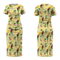 Hawaii Hula Girl Tropical Family Matching Short Sleeve Bodycon Dress and Hawaiian Shirt Yellow Palaka