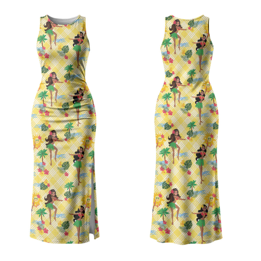 Hawaii Hula Girl Tropical Family Matching Tank Maxi Dress and Hawaiian Shirt Yellow Palaka