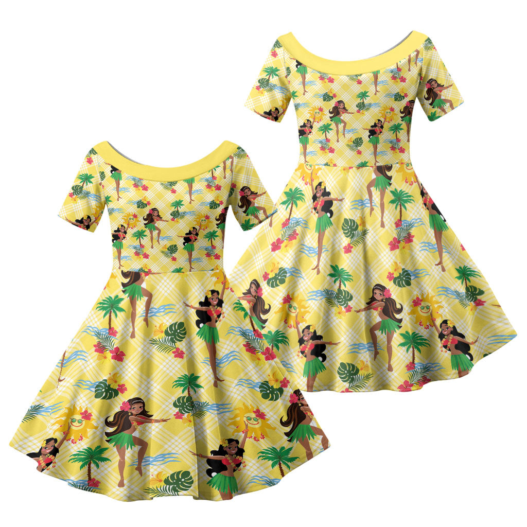 Hawaii Hula Girl Tropical Family Matching Tank Maxi Dress and Hawaiian Shirt Yellow Palaka