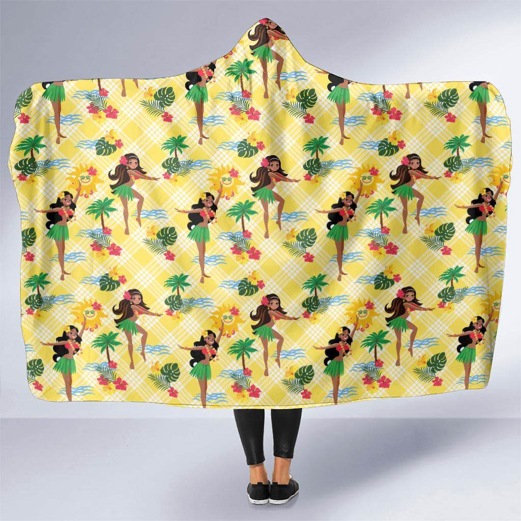 Hawaii Hula Girl Tropical Hooded Blanket Yellow Palaka
