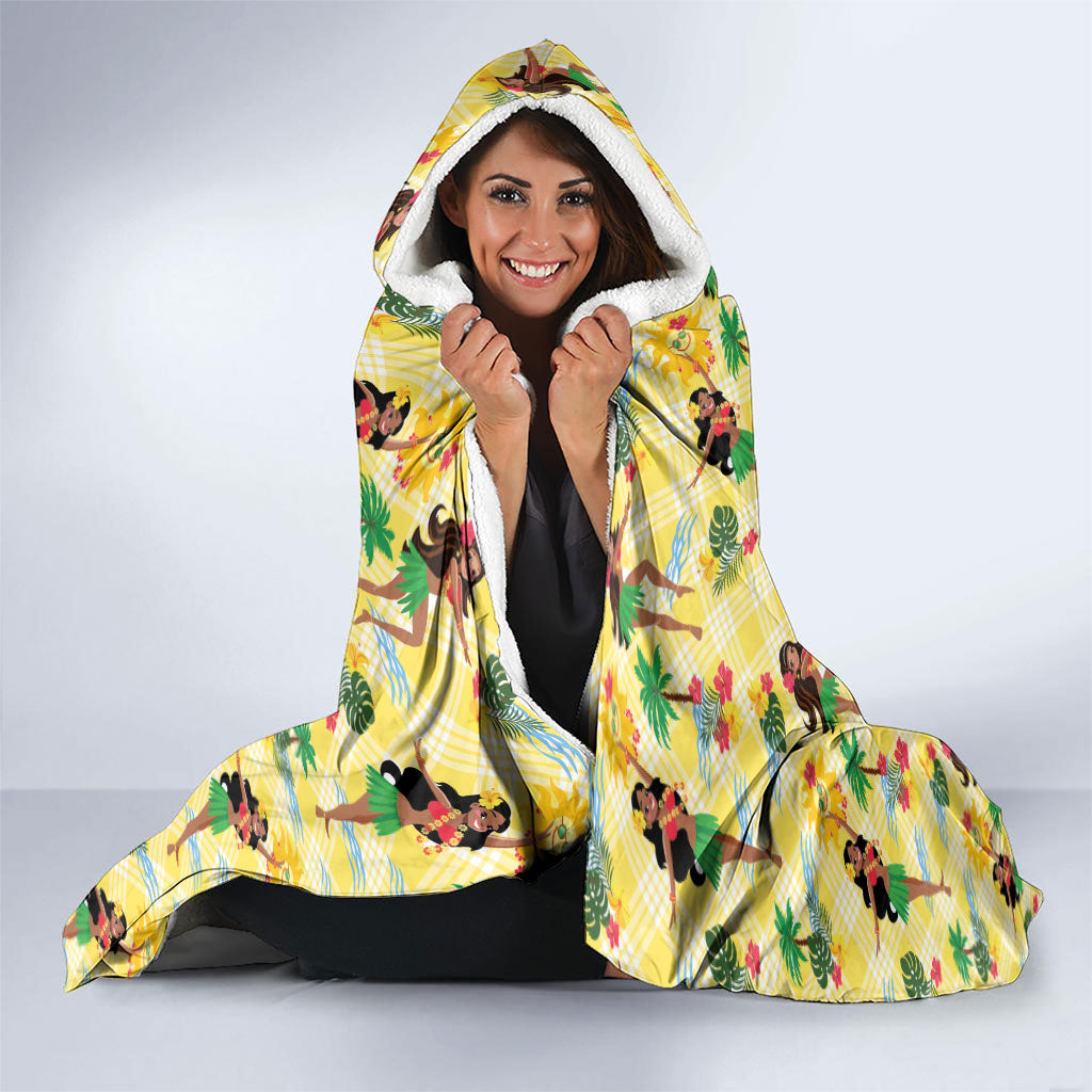 Hawaii Hula Girl Tropical Hooded Blanket Yellow Palaka