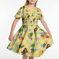 Hawaii Hula Girl Tropical Kid Short Sleeve Dress Yellow Palaka