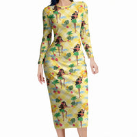 Hawaii Hula Girl Tropical Long Sleeve Bodycon Dress Yellow Palaka