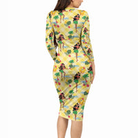 Hawaii Hula Girl Tropical Long Sleeve Bodycon Dress Yellow Palaka