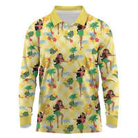 Hawaii Hula Girl Tropical Long Sleeve Polo Shirt Yellow Palaka