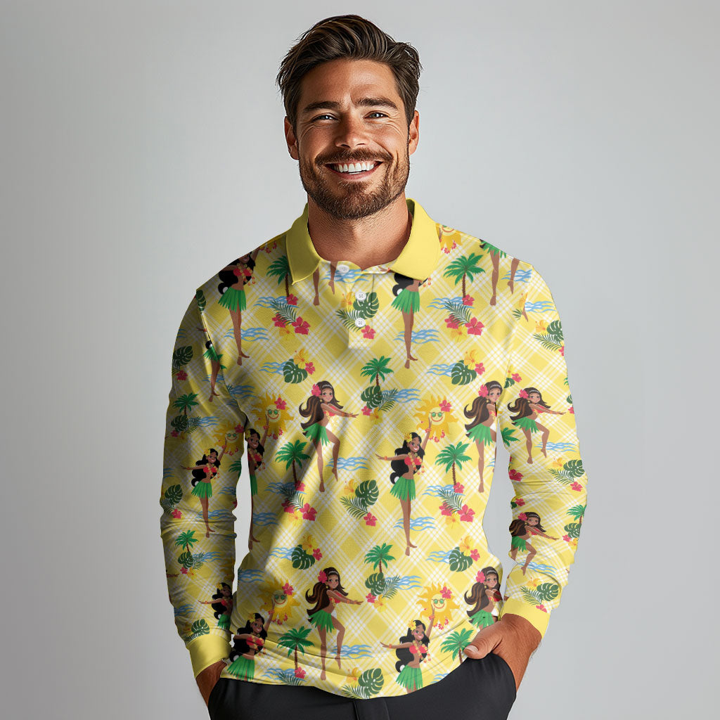 Hawaii Hula Girl Tropical Long Sleeve Polo Shirt Yellow Palaka