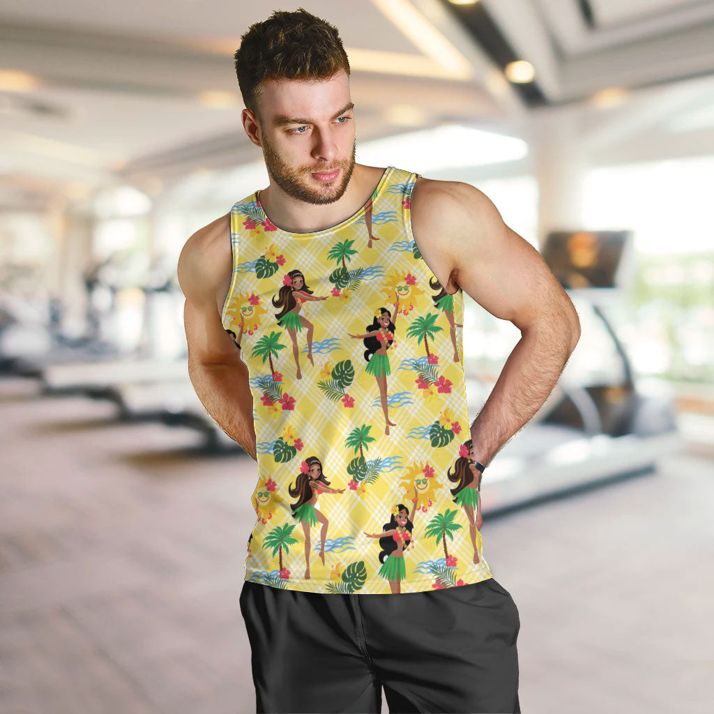 Hawaii Hula Girl Tropical Men Tank Top Yellow Palaka