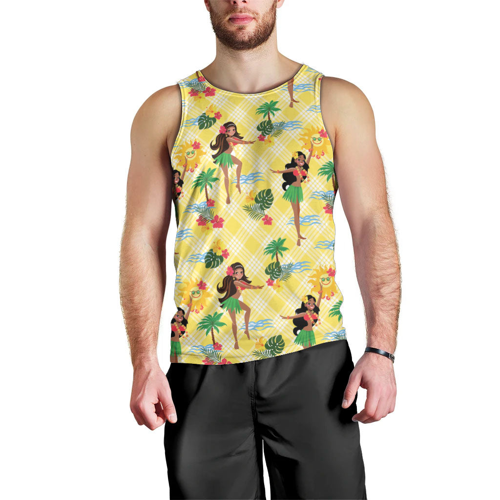 Hawaii Hula Girl Tropical Men Tank Top Yellow Palaka