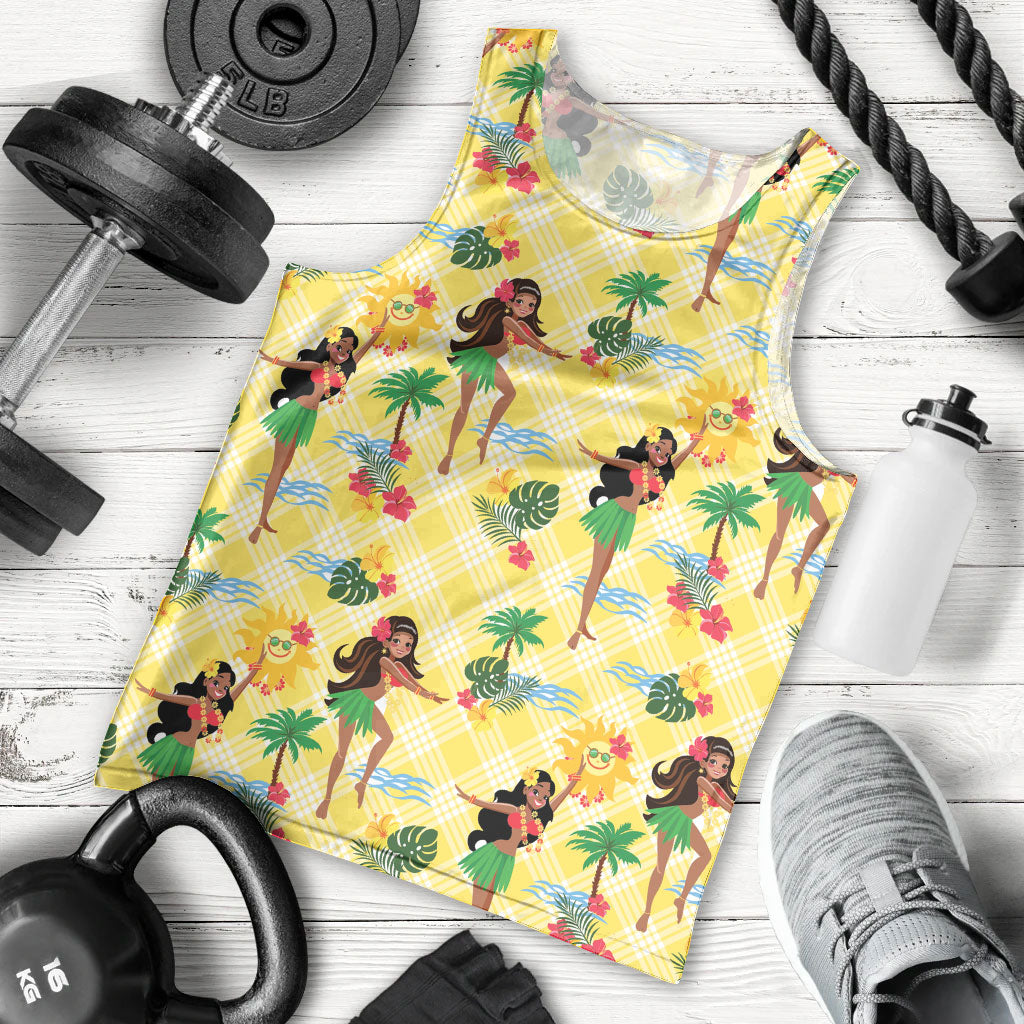 Hawaii Hula Girl Tropical Men Tank Top Yellow Palaka