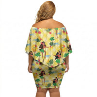 Hawaii Hula Girl Tropical Off Shoulder Short Dress Yellow Palaka