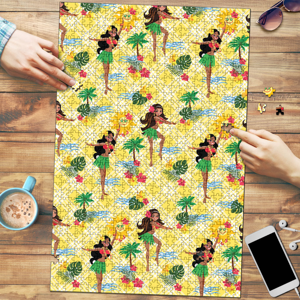 Hawaii Hula Girl Tropical Puzzle Yellow Palaka LT01 Yellow - Polynesian Pride