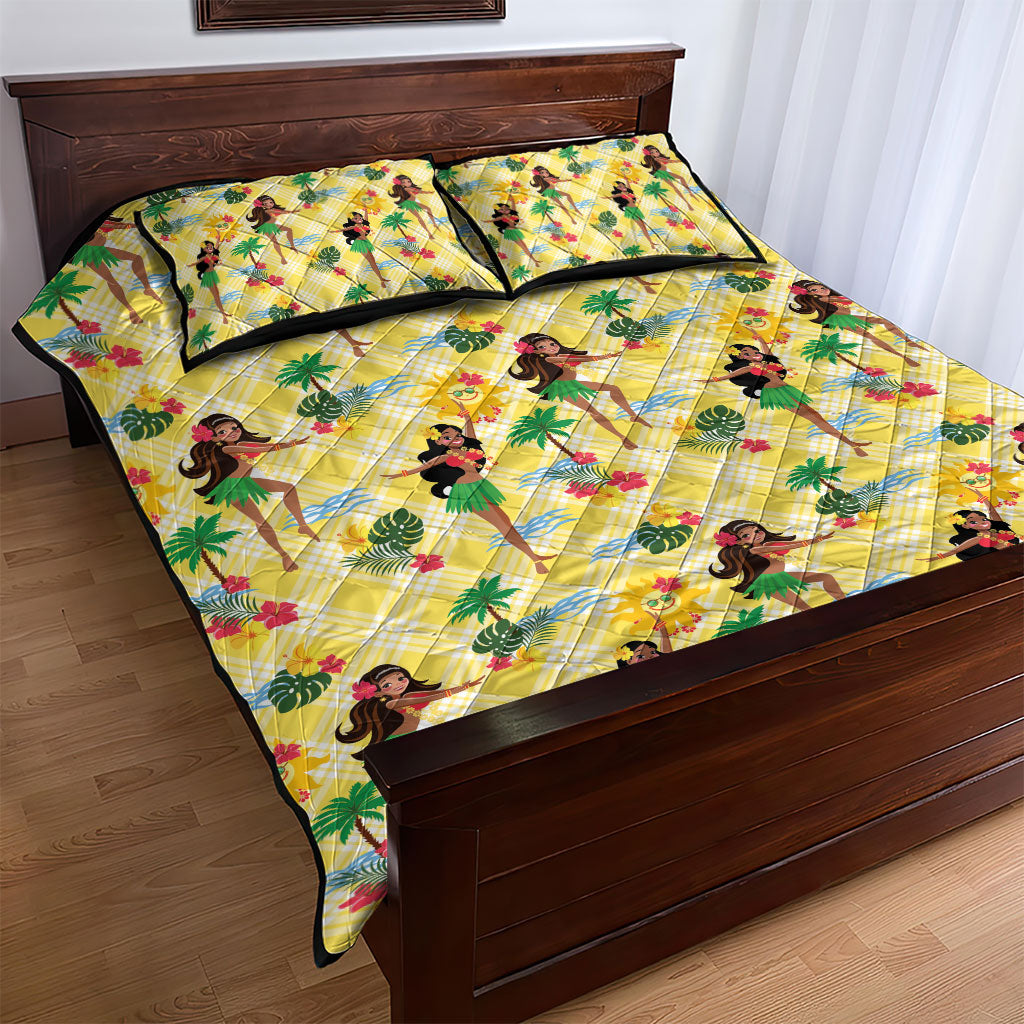 Hawaii Hula Girl Tropical Quilt Bed Set Yellow Palaka