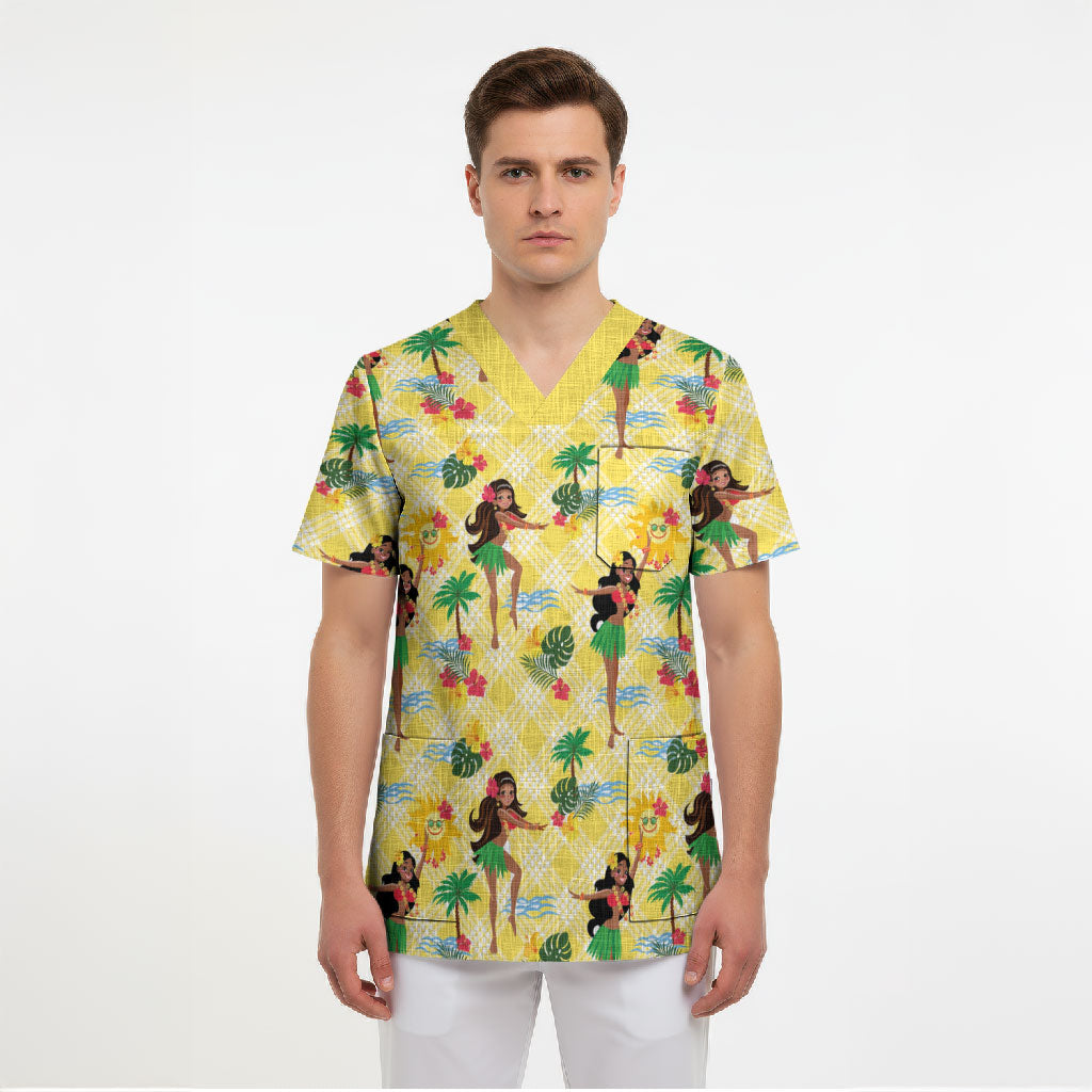 Hawaii Hula Girl Tropical Scrub Top Yellow Palaka