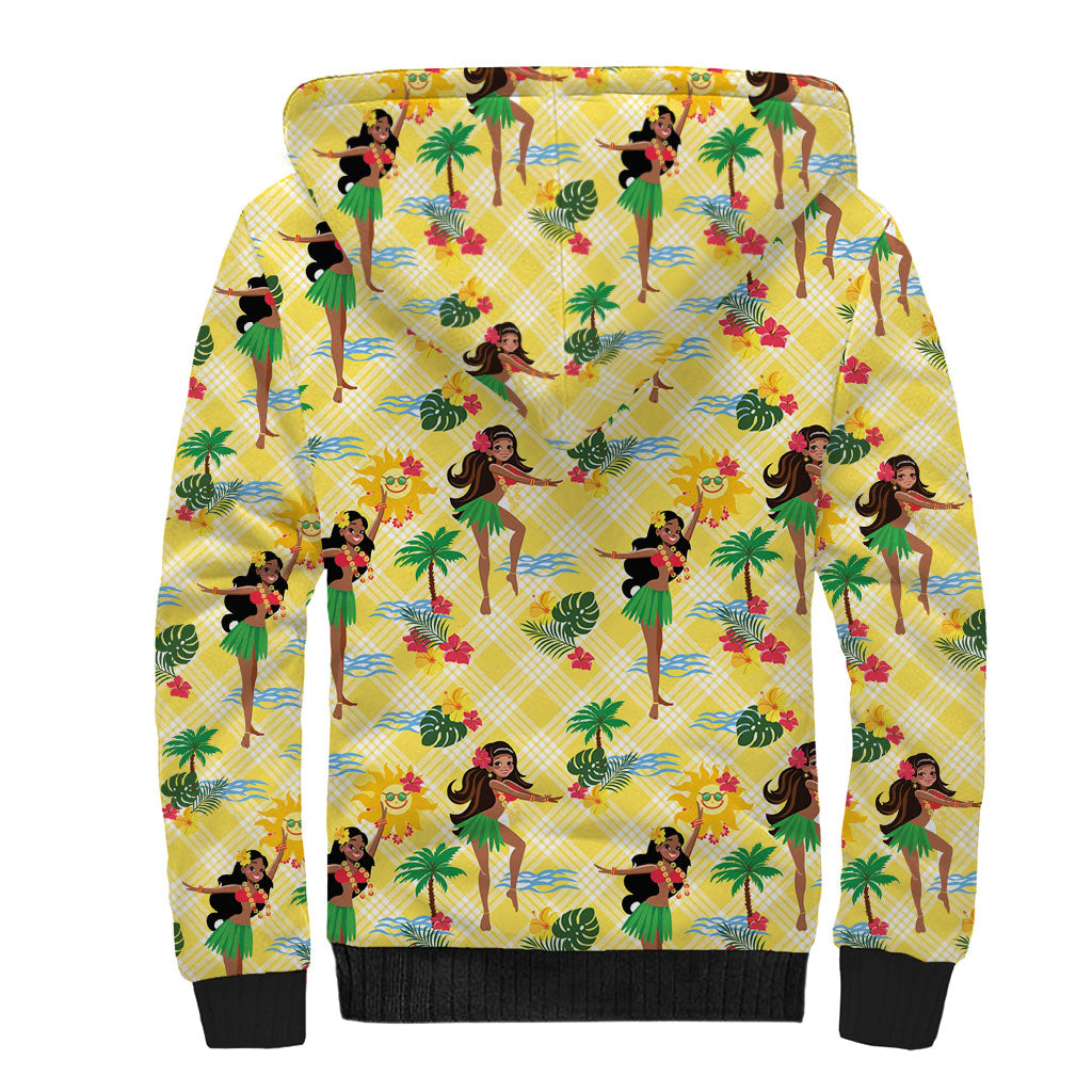 Hawaii Hula Girl Tropical Sherpa Hoodie Yellow Palaka