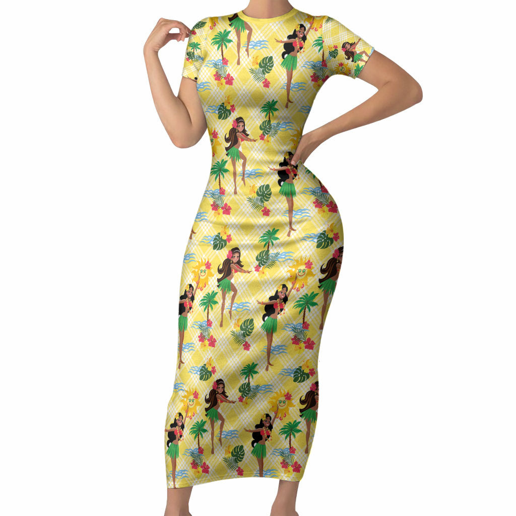 Hawaii Hula Girl Tropical Short Sleeve Bodycon Dress Yellow Palaka