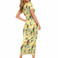 Hawaii Hula Girl Tropical Short Sleeve Bodycon Dress Yellow Palaka