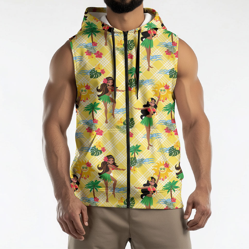 Hawaii Hula Girl Tropical Sleeveless Zip Hoodie Yellow Palaka