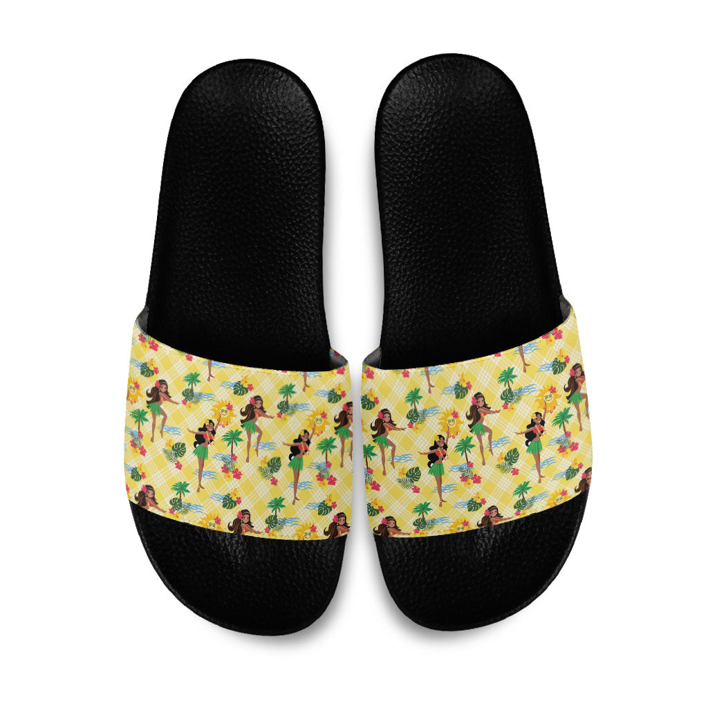 Hawaii Hula Girl Tropical Slide Sandals Yellow Palaka